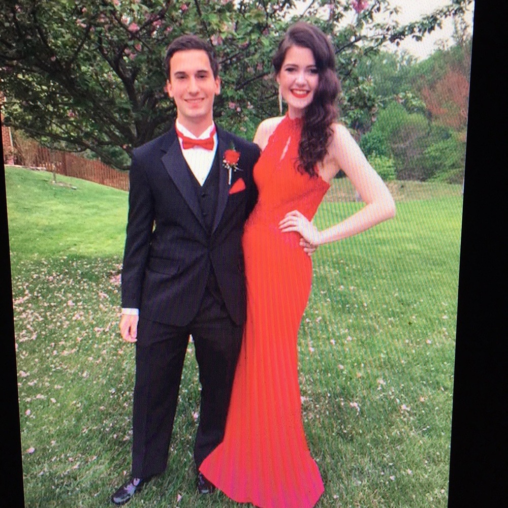 Red beaded lace prom gown